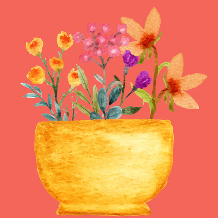 Watercolor bouquet of flowers in a vase on a red backgroundの写真素材