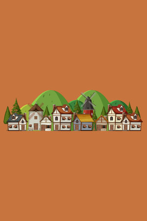 Vector illustration of a cartoon village with houses, windmill and treesの写真素材
