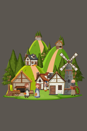 Village scene with people in cartoon style. Vector illustration for your designの写真素材