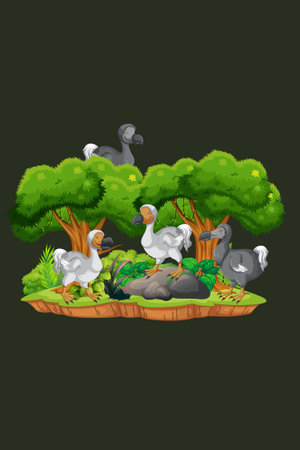 Vector illustration of a flock of ducks and geese in the gardenの写真素材