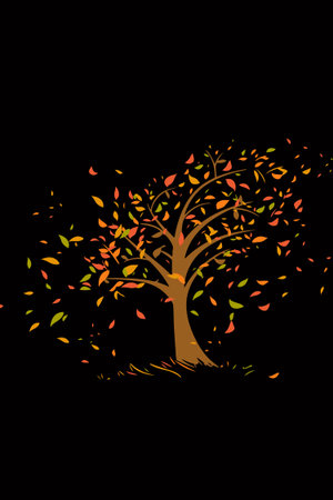 Autumn tree with falling leaves on black background. Vector illustration.の写真素材