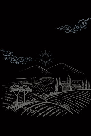 Rural landscape on a black background. Hand drawn vector illustration.の写真素材