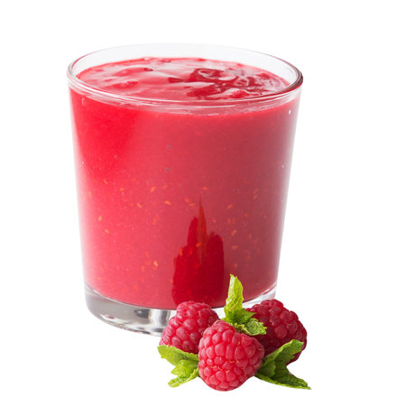 Raspberry smoothie in glass isolated on white background cutout.