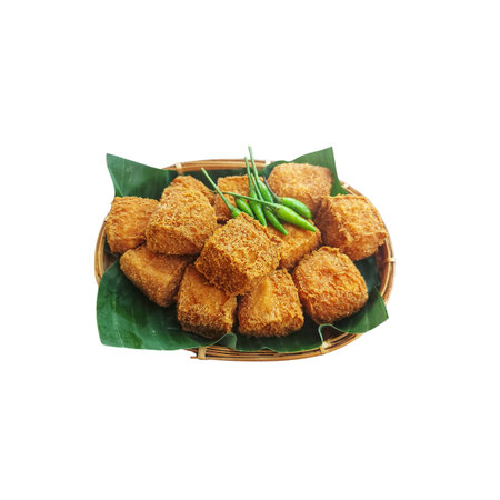 Deep fried chicken nuggets in bamboo basket isolated on white background.の写真素材