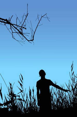 Man on nature, black silhouette on blue background.のイラスト素材