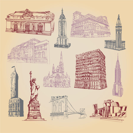 Hand drawn icons of New York city attractionのイラスト素材