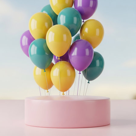 Colorful balloons floating on pastel background. 3D Renderingの写真素材