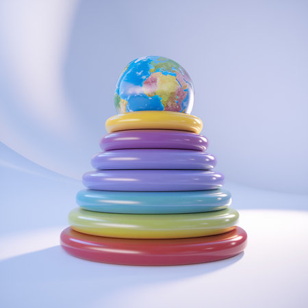Colorful toy pyramid with globe on white background. 3d renderの写真素材