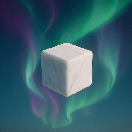 White cube on a green background with a blue and pink auroraの写真素材