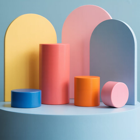 Colorful 3d podiums for product presentation on blue background.