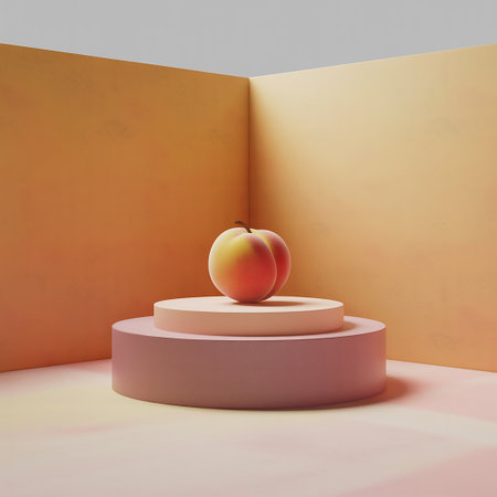 Minimalist background with peach on the podium. 3d renderの写真素材