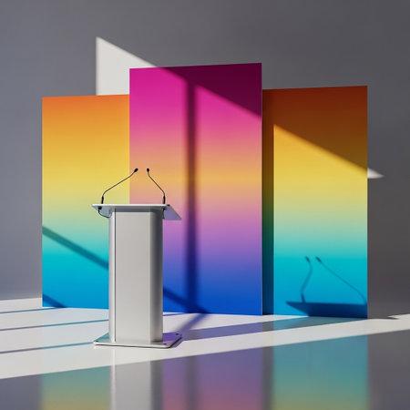 Podium for presentations on the background of the rainbow. 3D renderingの写真素材