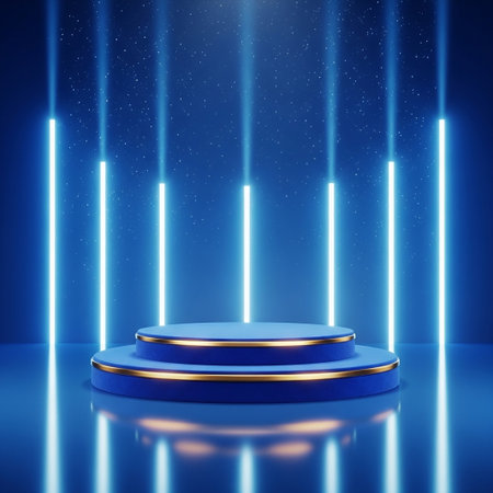 3d render, abstract blue background, round podium for product presentationの写真素材