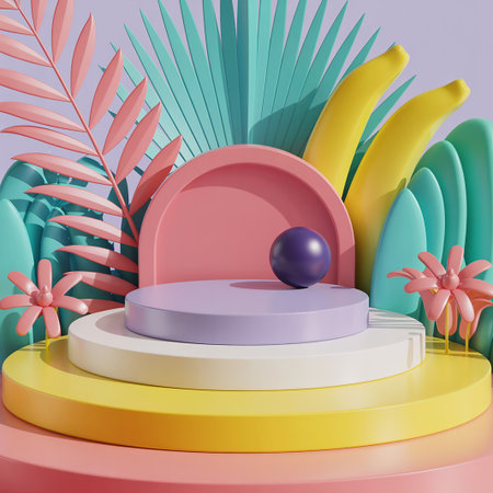 3d render of podium for product display with tropical palm leaves and exotic flowersの写真素材