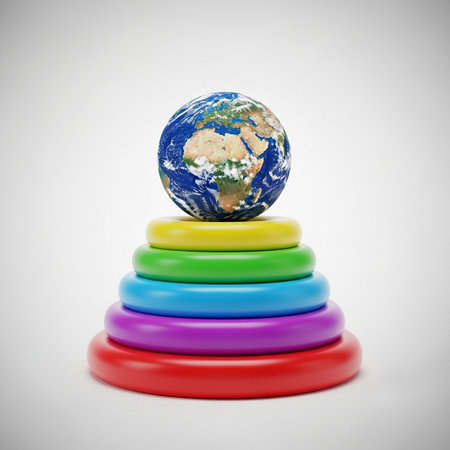 Conceptual image of a colorful toy pyramid with the earth on topの写真素材