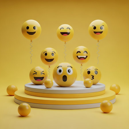 3d rendering of yellow happy emoticons with balloons on yellow backgroundの写真素材