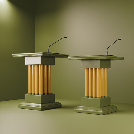 Podium with microphones in a room with green walls. 3d renderingの写真素材