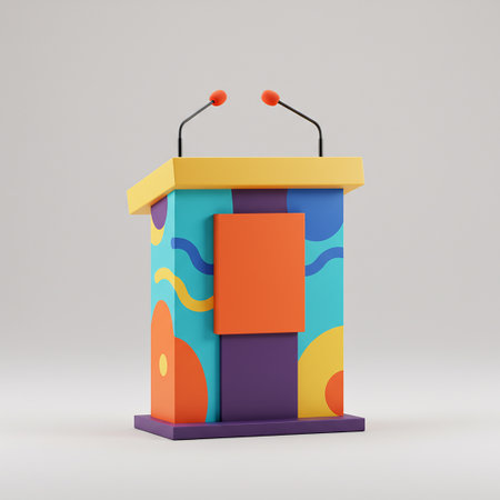 3d podium with microphone, isolated on gray background. 3d illustrationの写真素材