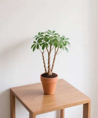 Plant in a pot on a wooden table against a white wallの素材