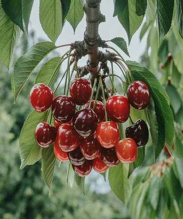Ripe red cherries on a cherry tree in the garden.の素材