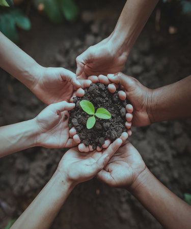 Hands holding green seedling in soil, ecology and environment conceptの素材