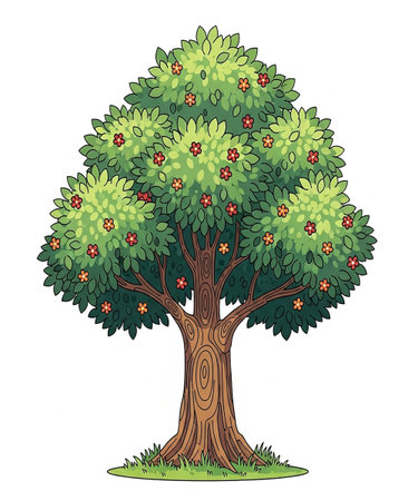 Illustration of a tree with leaves and flowers on a white backgroundの素材