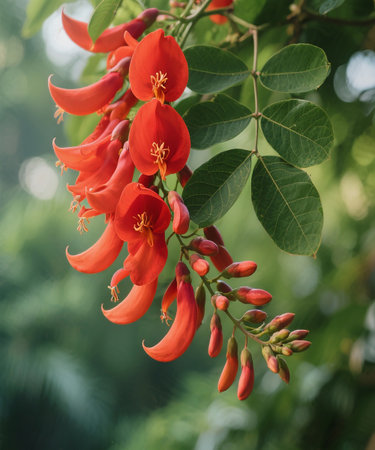Red flowers in the garden with natural background. (Coral vine)の素材