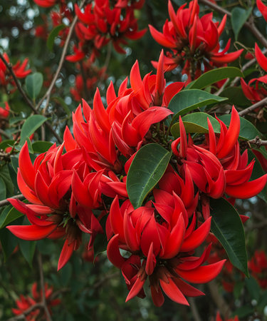 Vibrant cluster of crimson red flowers in bloom capturing nature's lush beautyの素材