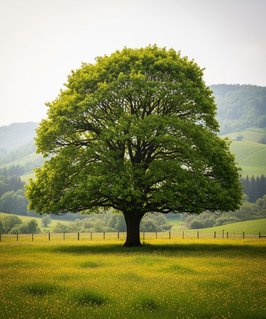 Big oak tree in the meadow with yellow dandelions.の素材