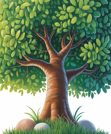 Illustration of a big tree with green leaves on white background.の素材