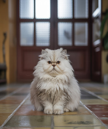 Persian cat sitting on the floor in front of the door.の素材