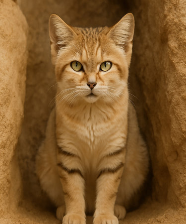 Cute ginger cat sitting in the cave. Selective focus.の素材