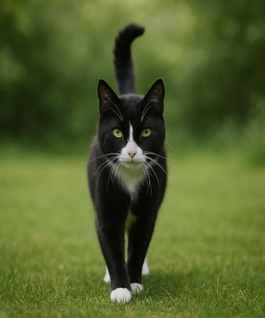 Black and white cat with green eyes on green grass in summer.の素材