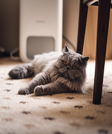 Persian cat lying on the floor and looking at the camera.の素材
