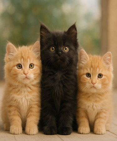 Three kittens of siberian breed sitting on the floor and looking at the cameraの素材