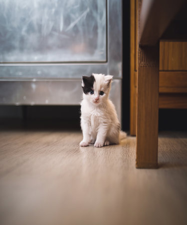 Cute kitten sitting on the floor in front of the window.の素材