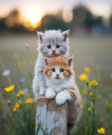 Two cute kittens sitting on a wooden post in the field of flowersの素材