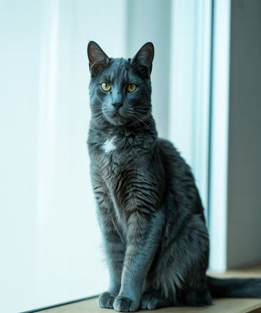 Portrait of a gray cat sitting on the windowsill and looking at the cameraの素材