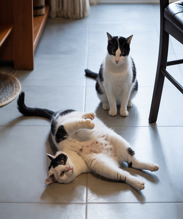 Cute black and white cat lying on the floor at home.の素材