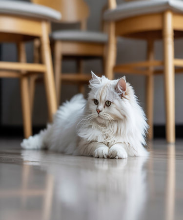 Beautiful white persian cat sitting on the floor at home.の素材