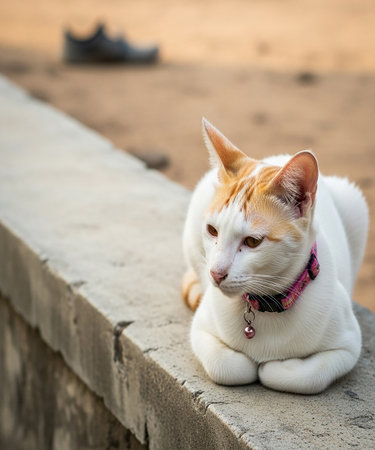 Cute cat sitting on cement floor, Thailand. Selective focus.の素材