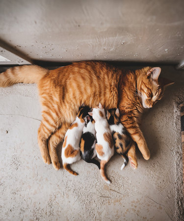 Cute cat and kittens sleep together on the floor at home.の素材