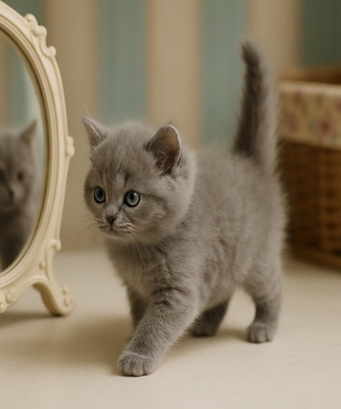 British shorthair kitten with blue eyes looking at the mirror in the roomの素材