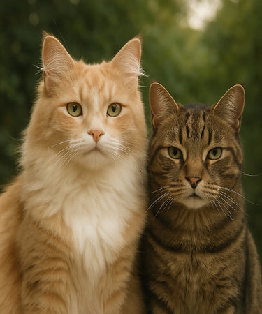 Portrait of two cat in the garden. Shallow depth of field.の素材