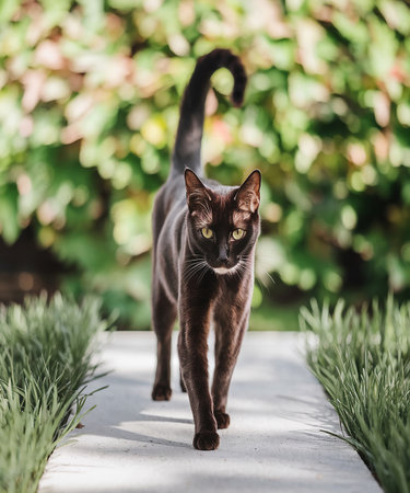 Beautiful Burmese cat walking in the garden. Selective focus.の素材