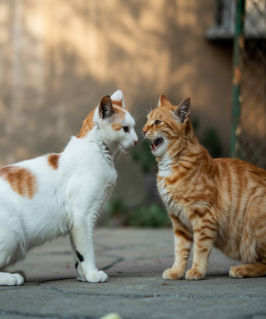 Two cats playing together in the garden. Shallow depth of field.の素材
