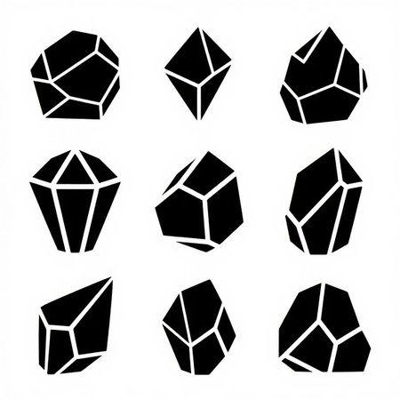 Set of black polygonal crystals isolated on white background. Vector illustration.の素材
