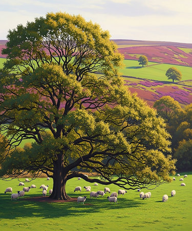 Sheep on the meadow with big tree. Spring landscape.の素材