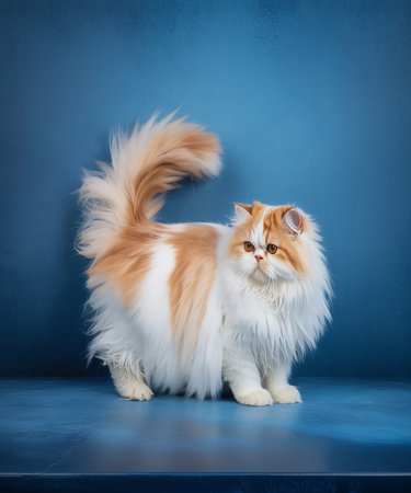 Persian cat on a blue background. Studio photo of a persian cat.の素材