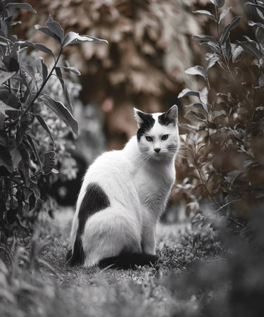 Black and white cat sitting in the garden. Monochrome photo.の素材